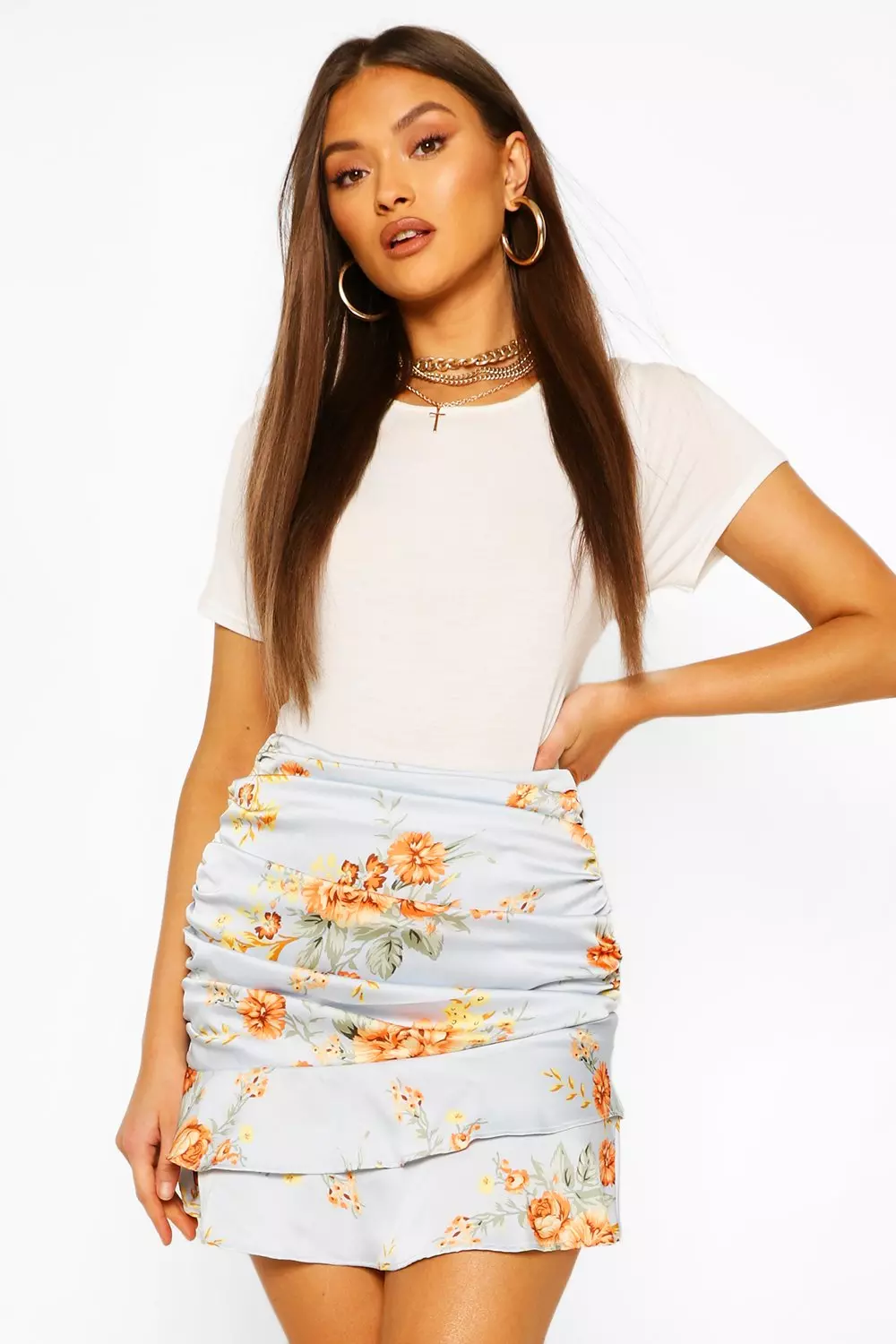 Floral Ruched Drop Hem Mini Skirt